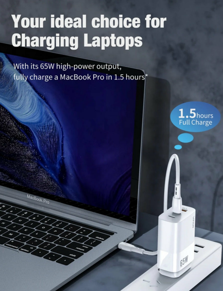 65W Ultra Fast Charger W/2 USB-C & USB-A (AU7), Wall Charger