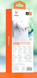 65W Ultra Fast Charger W/2 USB-C & USB-A (AU7), Wall Charger