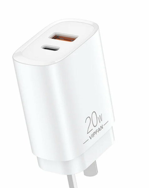 VIPFAN 20W Dual Port USA-A & Type-C  Power Adapter, Wall Charger