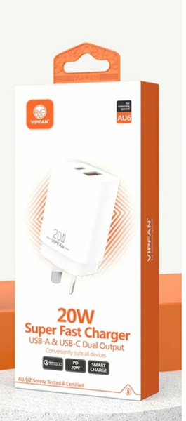 VIPFAN 20W Dual Port USA-A & Type-C  Power Adapter, Wall Charger