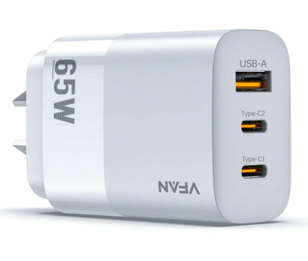 65W Ultra Fast Charger W/2 USB-C & USB-A (AU7), Wall Charger